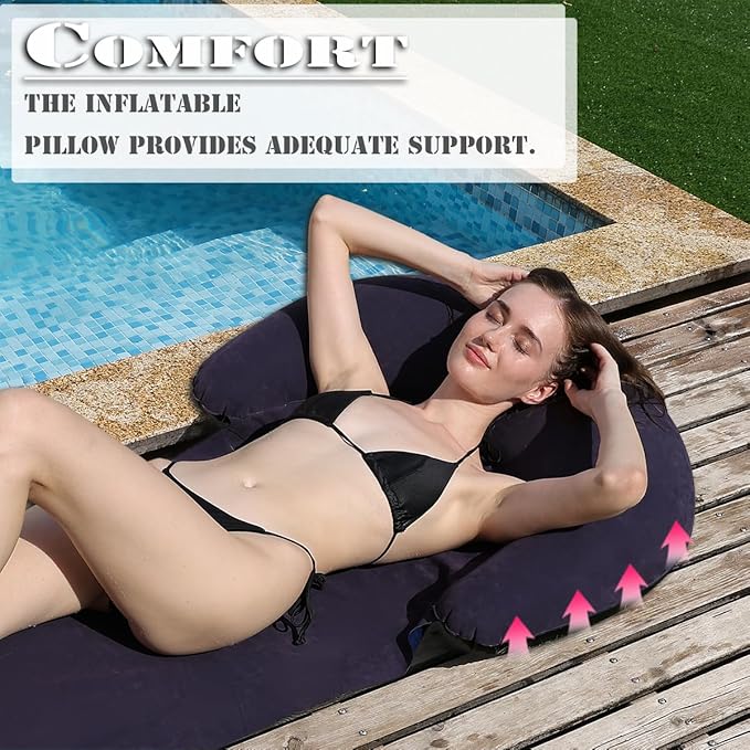 Inflatable Beach Mat Lounge Chair, Outdoor Sunbathing Sleeping Pad with Inflatable Pillow, Portable Flocking Beach Lounge Chair, Suitable for Lawn, Outdoor Camping, Travel, Beach Vacation (Navy)