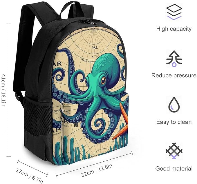 Supdreamc Rucksacks Lightweight Multipurpose Anti-Theft Retro Octopus Art Shoulder Bag Large Capacity Business Computer Bag With Smooth Zippers