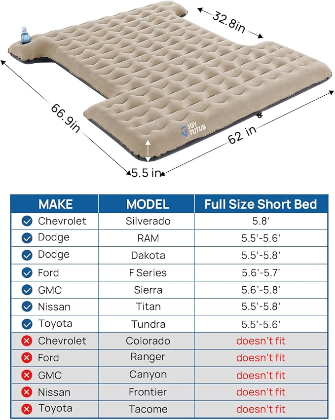 JOYTUTUS Upgraded Light Version Truck Bed Air Mattress for Camping, Thicken Inflatable Mattress for 5.5-5.8Ft Short Truck Bed,with Built-in Cup Holder&2 Inflatable Pillow,Full-Size,Camel and Black