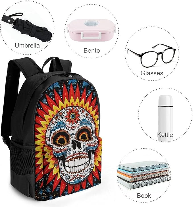 Supdreamc Men Women Lightweight Sugar Skull Sun Casual Daypack Large Capacity Bookbag With Adjustable Shoulder Straps for Gym Business Bicycle