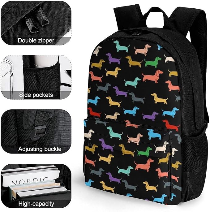 Rucksacks Lightweight Multipurpose Anti-Theft Retro Dogs Dachshund Shoulder Bag Large Capacity Business Computer Bag With Smooth Zippers