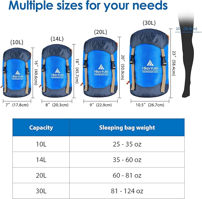 Hikenture Compression Sack for Sleeping Bag, Upgrade Anti-Tear Nylon Sleeping Bag Stuff Sack, 10L/14L/20L/30L Water-Resistant Compression Bag, Storage Bag
