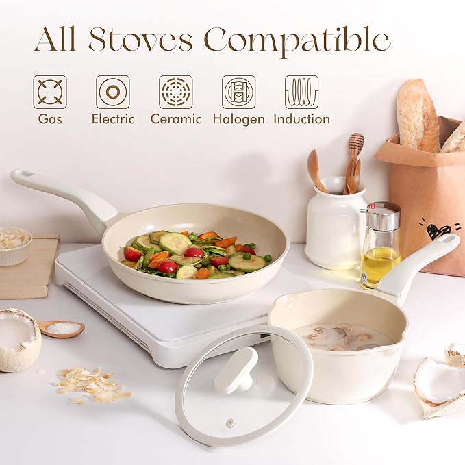 PRICUSIS Nonstick Ceramic Frying Pan with Lid, 8/10 Inch Skillet with Stay Cool Handle, Fully Coated, 100% Dishwasher Safe, Oven Safe, PTFE PFAS & PFOA Free (10 Inch, Coconut White