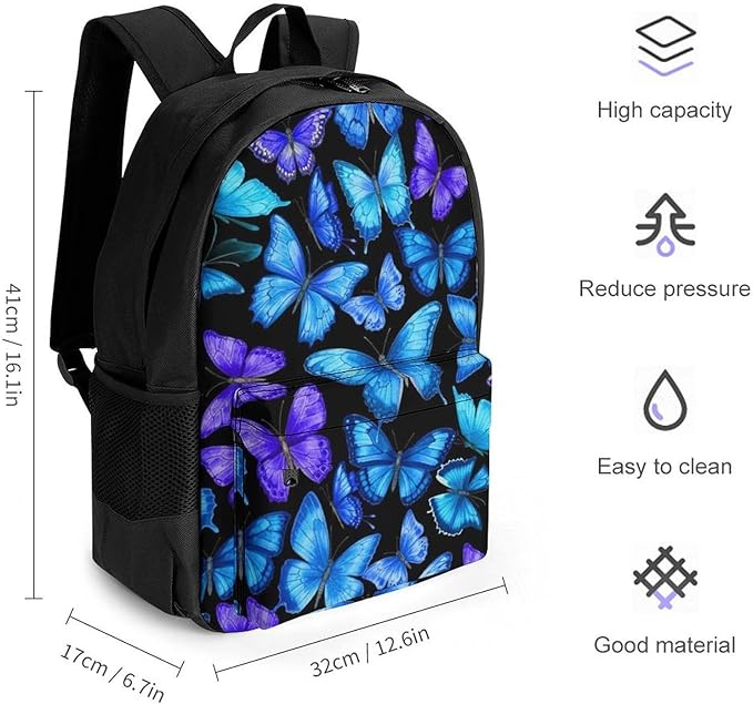 Shoulder Book Bags Polyester Multipurpose Anti-Theft Blue Butterflies Carry On Bag Large Capacity Travel Hiking Camping Rucksack