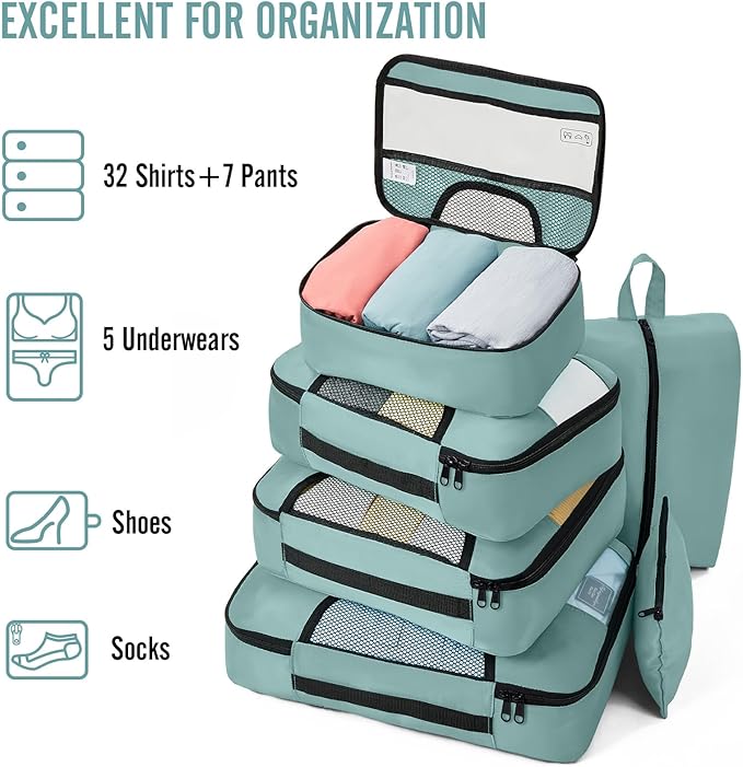 Veken 8 Set Packing Cubes for Travel Essentials, Suitcase Organizer Bags in 4 Sizes, Carry-On Luggage Accessories with Large Laundry & Hanging Toiletry Bag, Must-Have for Airplane, Road Trip & Camping