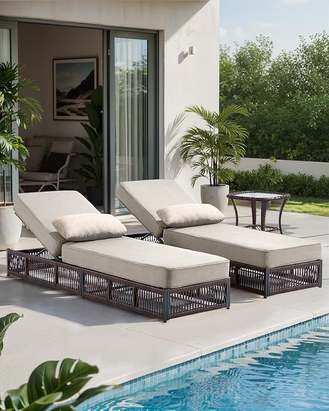 Luxury Outdoor Chaise Lounges with 5 Inch Thickened Cushions - Set of 2 High Back Brown Wicker Patio Recliners Rattan Reclining Chairs Porch Poolside Pool Sunbathing Lounger - Beige