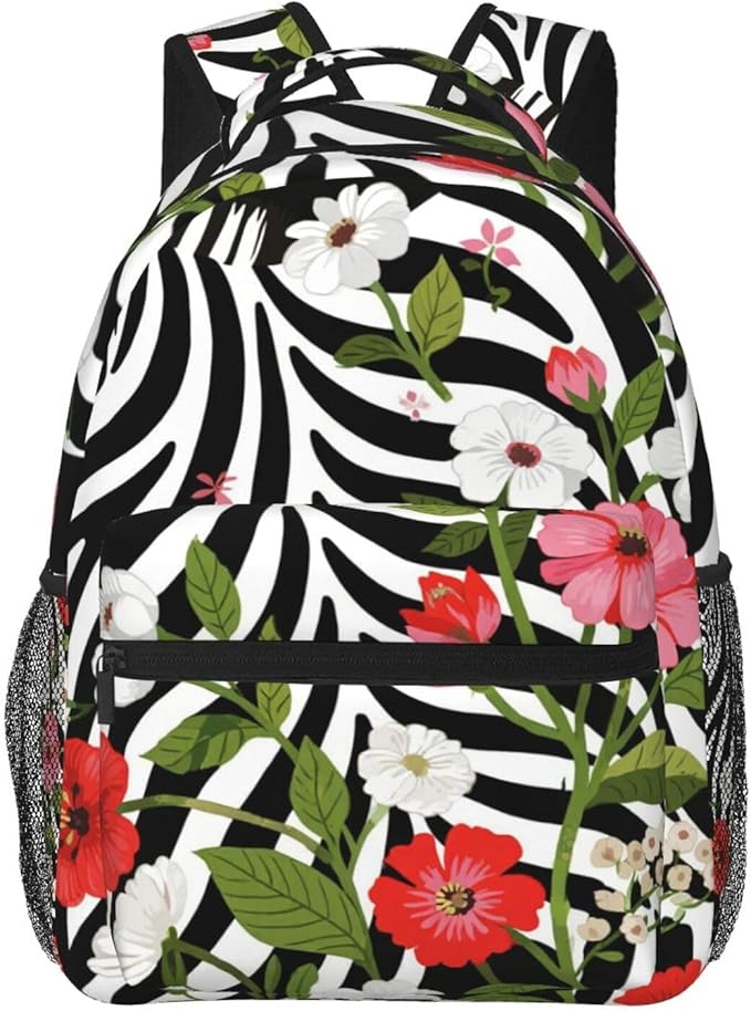 Men Women Lightweight Cheetah Leopard Print Floral Pattern White Daypack Bookbag Big Capacity Carry On Bag With Side Pockets for Camping Travel Bicycle