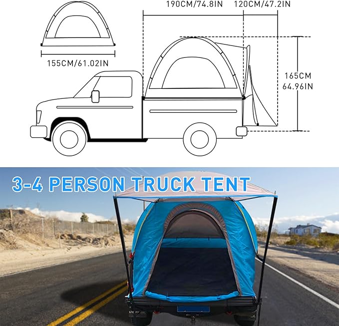 Truck Tent, Pickup Truck Tent with Awning for 5.5-6.7ft, Truck Bed Tent (190+120) x 155 x 165 CM - Waterproof Double Layer 210D Sleeping Tent with Removable Rainfly and Camping Carry Bag