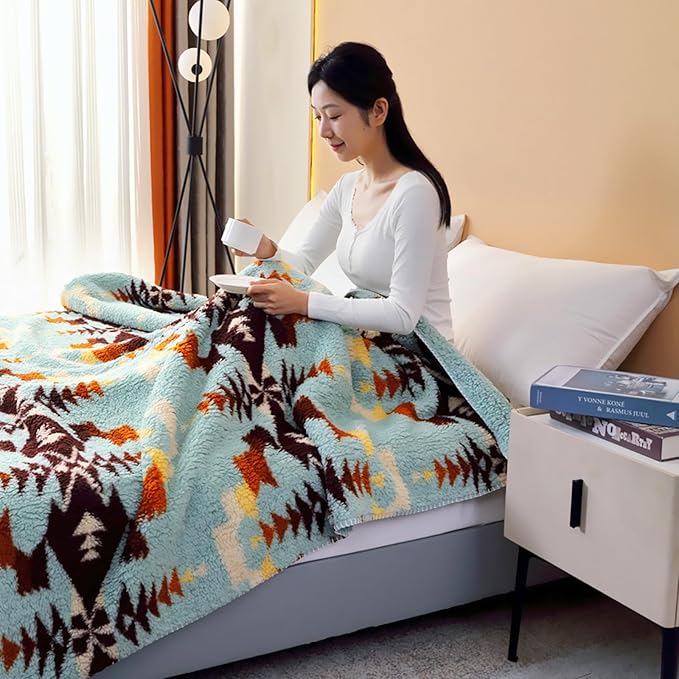 UKELER Bohemian Sherpa Throw Blanket 60'' × 80'', Sherpa Fleece Blanket for All Season, Southwestern Aztec Throw Blanket, Native American Blanket for Bed/Couch/Sofa/Office/Camping