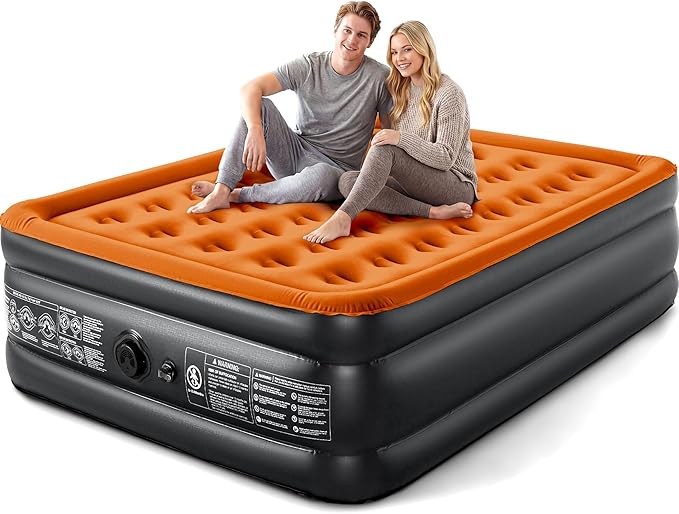 Camping Air Mattress Queen with Built in Pump 18" Thickness 660lbs Heavy Duty Comfortable Blow up Air Mattress with Carry Bag Inflatable Foldable Flocked Top Air Bed for Travel, Home (Black & Orange)