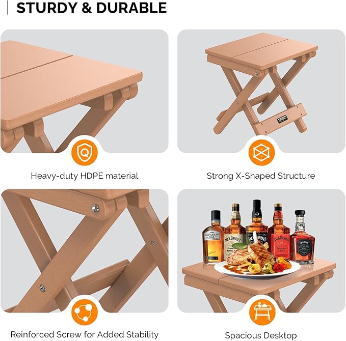 VINGLI Small HDPE Folding Side Table, Plastic Waterproof Portable Adirondack Coffee End Tables, All Weather for Patio, Backyard, Pool, Indoor Use, Teak