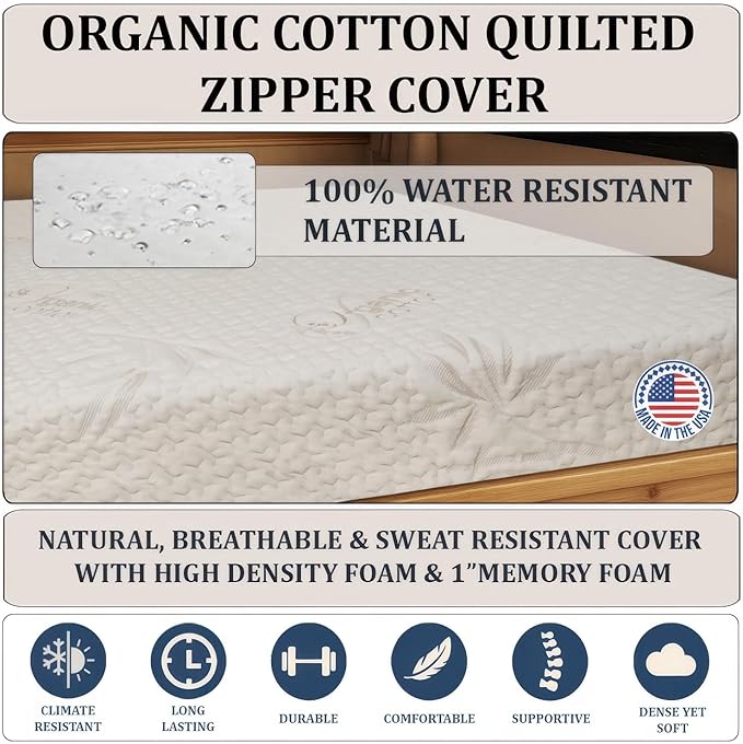 Foamma 2" x 48" x 80", Firm with Organic Cotton Cover, Mattress Topper for RV Bunk, Camper, Truck & Travel Trailer, Back Support, CertiPUR-US Certified, Made in USA