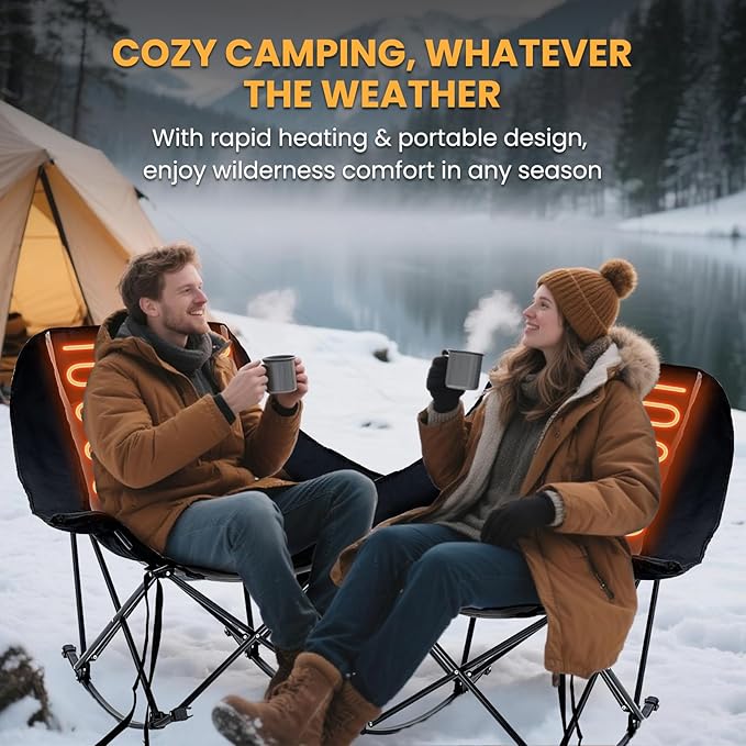 Begonia.K Oversized Heated Rocking Camping Chair - 400lbs Capacity Padded Camping Recliner w/ 3 Levels Back Seat Heat - Folding Lawn Chair with Side Pockets for Camp Patio Backyard