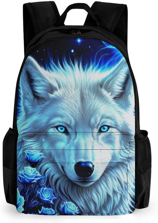Shoulder Book Bags Anti-Theft Multipurpose Big Capacity Bookbag, White Galaxy Wolf With Blue Rose Travel Hiking Backpack With Smooth Zippers