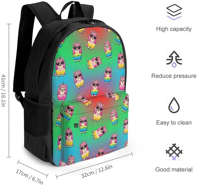 Rucksacks Polyester Anti-Theft Multipurpose Cute Funny Llama Rainbow Alpaca Unicorns Carry On Bag Large Capacity Gym Outdoor Hiking Backpack With Smooth Zippers