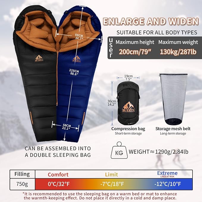 Down Backpacking Sleeping Bag for Cold Weather 32°F to 8°F, XXL Large Ultralight Sleeping Bag Ideal for Adults Camping, Hiking and Backpacking.