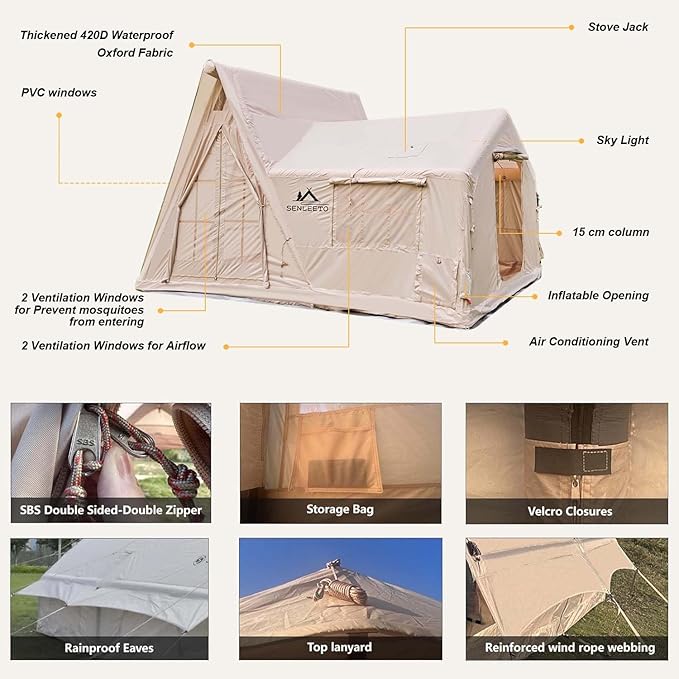 Inflatable Tents for Camping 8-10 Person, Luxury Inflatable Tent House with Stove Jack, Waterproof Portable Inflatable Camping Tent with Rainfly