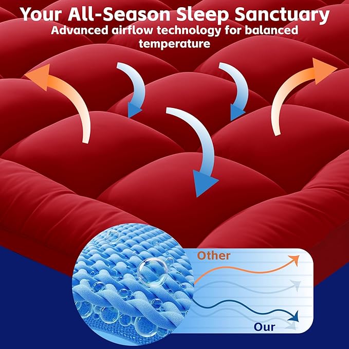 Quilted Mattress Pad Pillow Top Mattress Cover Protector Cooling Soft for Breathable Padded Deep Pocket 8-21 Fitted Supportive(Red,King Size)