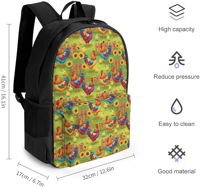 Shoulder Book Bags Polyester Multipurpose Anti-Theft Rooster Chicken Garden Flowers Painting Carry On Bag Large Capacity Travel Hiking Camping Rucksack