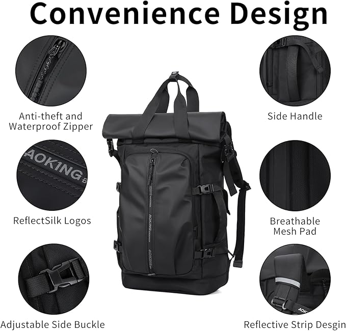 Rolltop Backpack, Travel Rucksack for Men Women, Anti Theft Backpacks with 15.6-inch Laptop Compartment, Waterproof Casual Daypack for Work, Business, Commuter and College