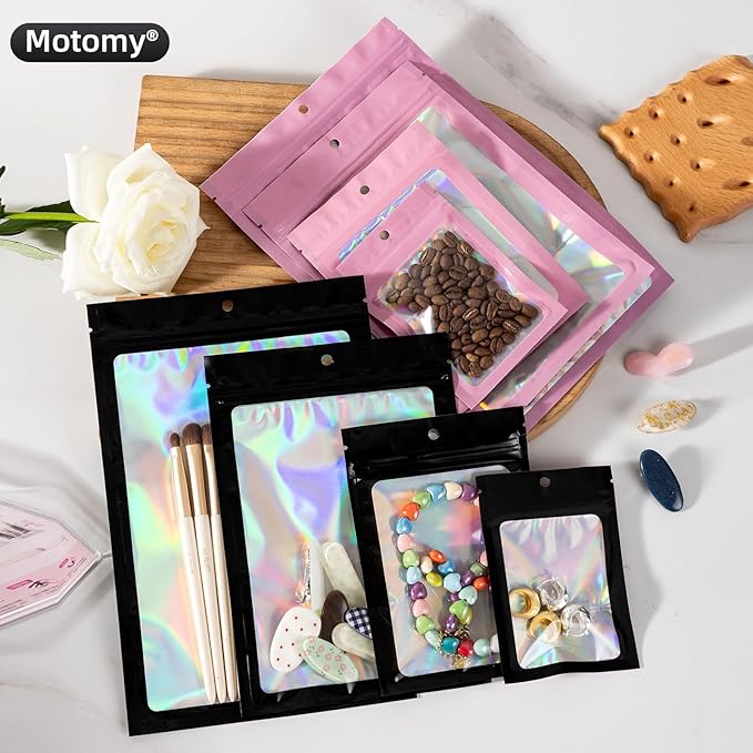 50Pcs Pink Holographic Mylar Bags, 6.3x9.4 inch Resealable Foil Zipper Pouches for Gummies, Party Favors, Small Business Packaging