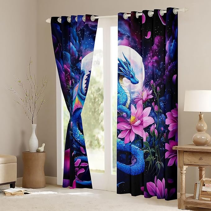 Manfei Blue Dragon Blackout Curtains Pink Lotus Flower Window Drapes,Cartoon Wild Animal Theme Window Treatments,Kids Boys Girls Room Decor,Grommet Top 2 Panel Set Bedroom Curtains, 52Wx96L inch