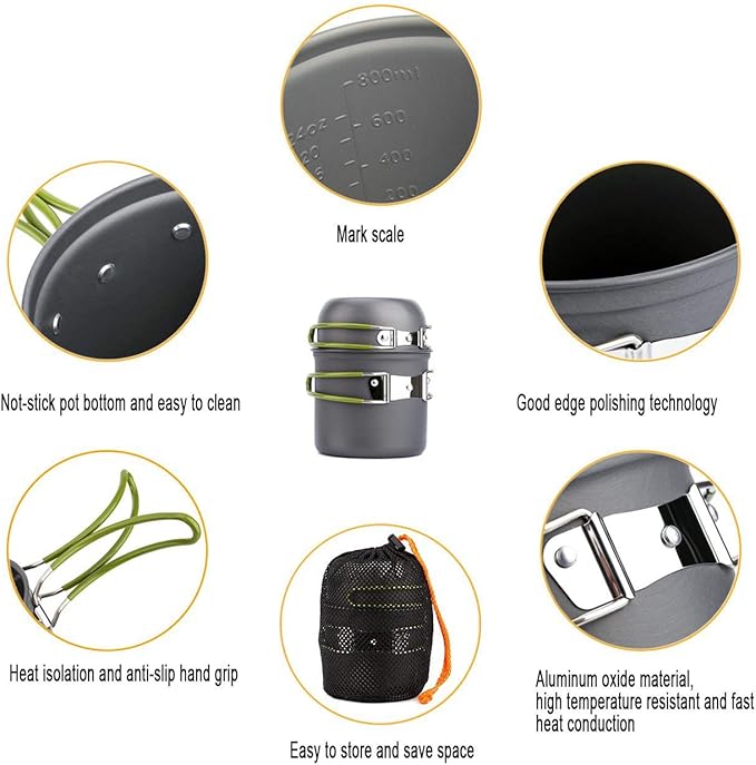 Peidesi Camping Cookware Mess Kit, Portable Camp Stove Pots and Pans Set, Carabiner, Folding Knife, Fork Spoon Kit, Carry Mesh Bag, for Backpacking
