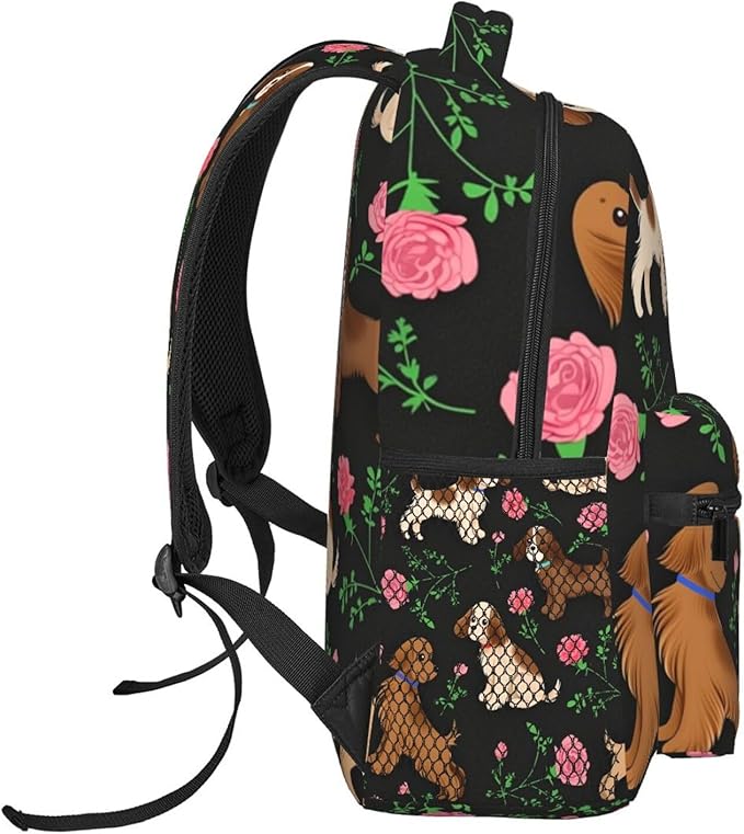 Rucksack Anti-Theft Multipurpose Big Capacity Carry On Bag, Cocker Spaniel Dog Flower Traveling Camping Backpack With Side Pockets