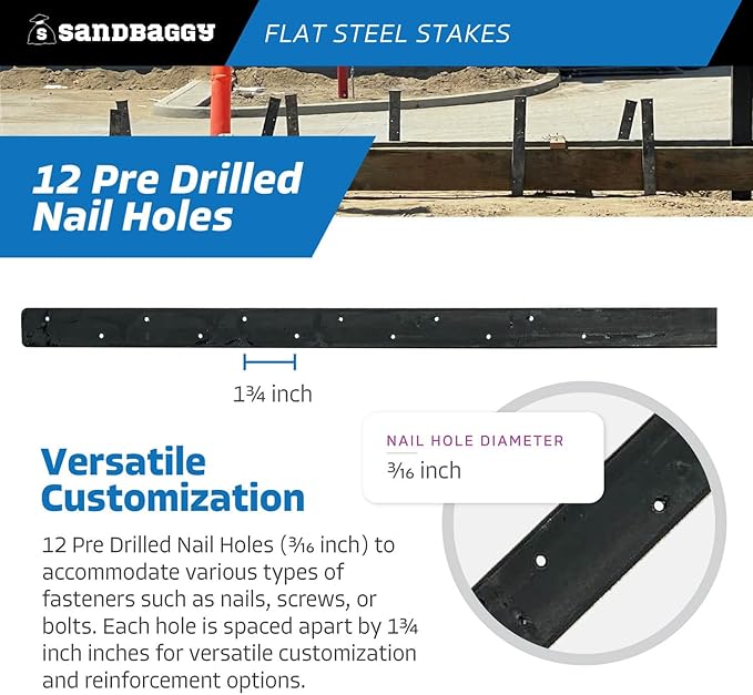 Sandbaggy Flat Steel Stakes for Concrete Forms with Nail Holes - 1.5" Wide - Painted - Removable, Reusable, V Point End - Construction Grade Stakes (10, 30 inch)