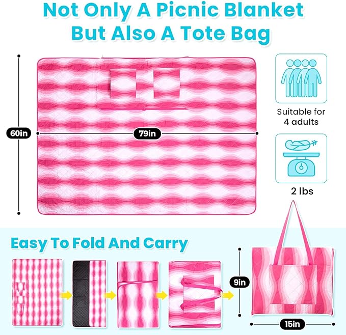 #WEJOY 3 in 1 Outdoor Picnic Blanket, Padded 5 Layers Beach Blanket, 80x60'', 4 Person, Easy to Fold, Waterproof for Lawn,Camping, Park (Pink)