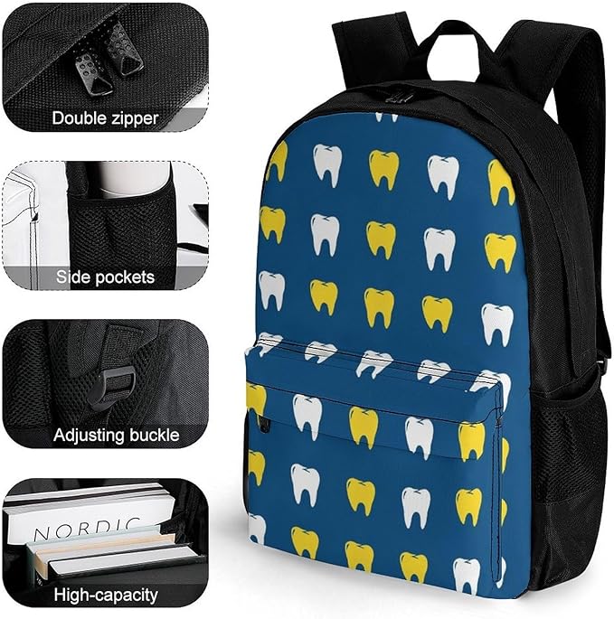 Supdreamc Men Women Lightweight Teeth Molars Dental Blue Backpack Large Capacity Bookbag With Smooth Zippers for Gym Business Running