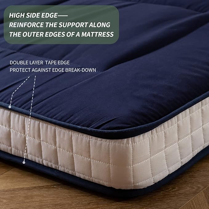 MAXYOYO Futon Mattress, Padded Japanese Floor Mattress Quilted Bed Mattress Topper, Extra Thick Folding Sleeping Pad Breathable Floor Lounger Guest Bed for Camping Couch, Navy, Queen