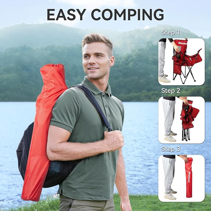 Nazhura 4 Pack Outdoor Camping Chairs Folding/Foldable/Portable with Cooler Pouch, Mesh Backrest and Cup Holder Pocket (Red, 4 Pack)