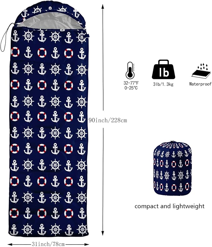 AILONEN Boys Sleeping Bag for Camping,Nautical Anchor,Lightweight & Waterproof,3 Season Warm & Cool Weather,Navy Blue Sleeping Bags for Kids Men Travelling,Outdoors