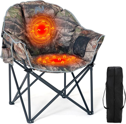 Oversized Heated Camping Chair, 3 Heating Levels Portable Folding Camp Chairs with Pillow and Storage Bag, Outdoor Heated Moon Chair for Camping Lawn Patio Beach and Picnics, Camo