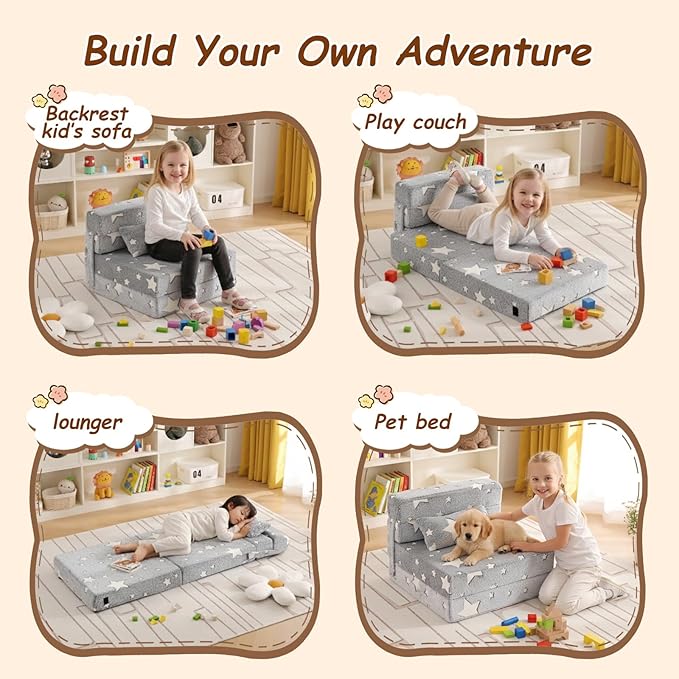 Folding Sofa Bed Floor Mattress for Kids with Pillow, Toddler Washable Glow in Dark Folding Floor Mat for Sleeping, Child Fold Up Chair Bed with Storage Bag for Playroom, Camping, Grey Star