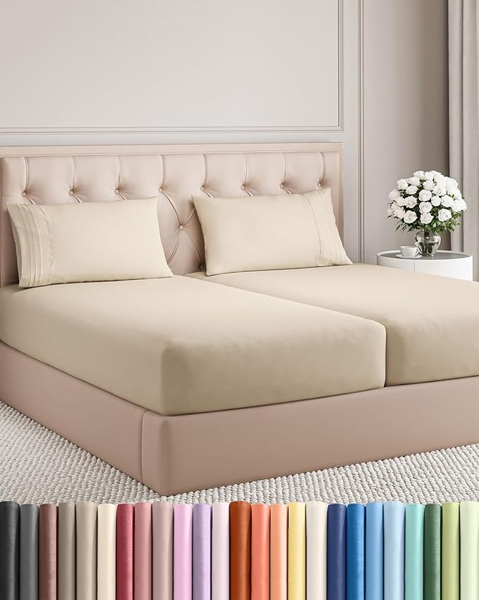 Split King Size 5 Piece Sheet Set - Comfy Breathable & Cooling Bed Sheets Set - Hotel Luxury Bedding for Women, Men, Kids, Teens, Boys & Girls - Deep Pockets, Soft and Wrinkle Free - Oeko-Tex - Wheat