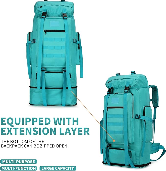 100L Hiking Camping Backpack MOLLE Rucksack Waterproof Daypack (LakeBlue)