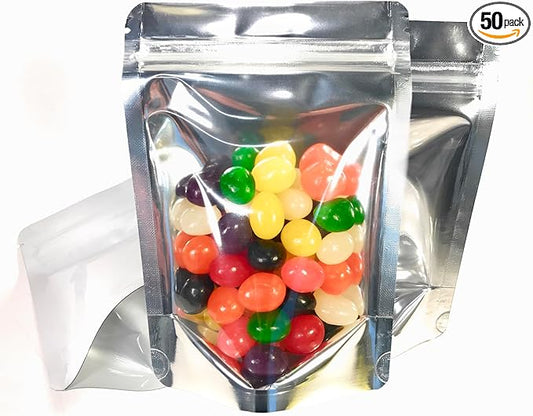Smell Proof 4 Mil Mylar Food Storage Bags (50 Pack) Clear Front Heavy Duty Zip Seal 4.5x6.5x1.5 / 6x9x3 Inch Stand Up Leak Proof Food Grade Foil Pouch. Heat Sealable with Iron. ROYPACK (Medium)