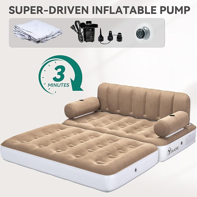 YITAHOME Queen Size Air Sofa Bed Mattress with Headboard and Pump, Blow Up Couch Inflatable Bed for Home Living Room, 79" x 60" x 25" (Expanded Size, Brown)