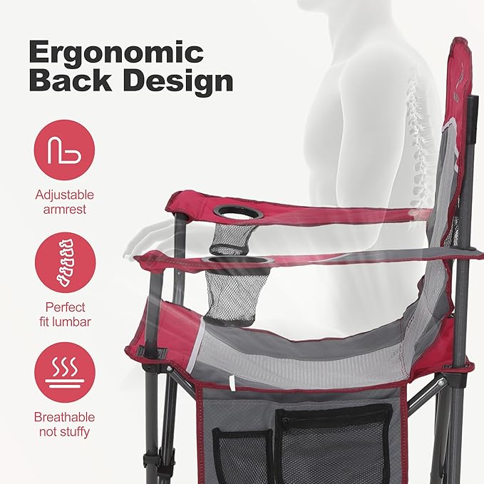 LET'S CAMP Mesh Back Camping Chair Portable Folding Heavy Duty Outdoor Chair Support 330 LBS Durable Large Arm Chair with Cup Holder and Carry Bag for Camp, Fishing, Hiking, Red