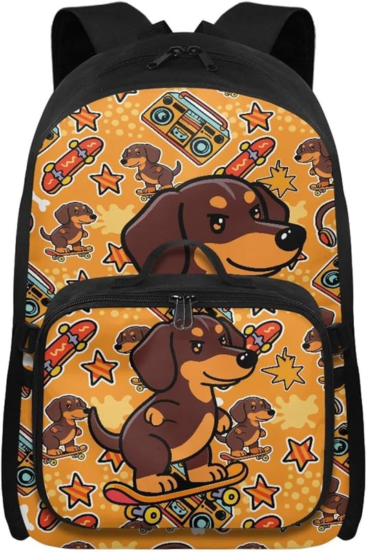 HUGS IDEA Skater Dachshund Bookbag for Girls Elementary School Cute Kids Bookbag with Lunch Box 17 Inch School Bag for Girls 4-6 Lightweight Book Bags Satchel Back Pack for Kids