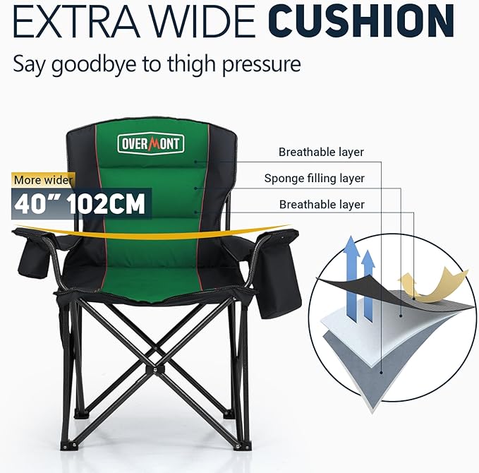 Overmont Oversized Folding Camping Chair - 450lbs Support with Padded Cushion Cooler Pockets - Heavy Duty Collapsible Chairs for Sports Garden Beach Fishing