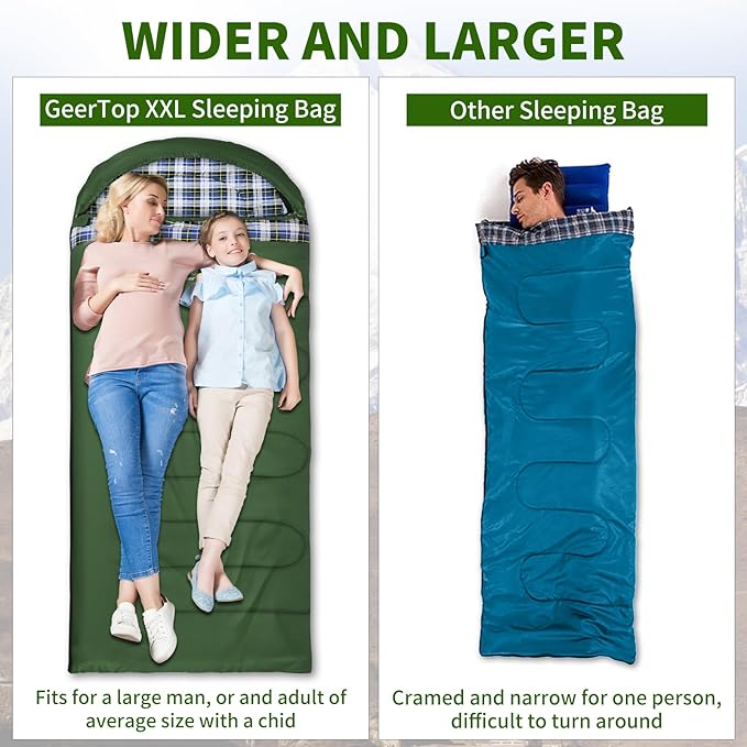 GEERTOP Flannel Sleeping Bags for Adults Big & Tall People Portable Cold Weather Envelope XXL All Seasons Camping Sleeping Bag