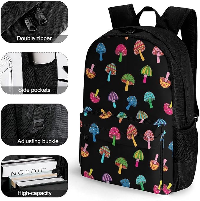 Lightweight Daypack Backpack for Trekking Work Running, Big Capacity Multipurpose Anti-Theft Bookbag, Trippy Magic Goth Mushrooms Business Computer Bag