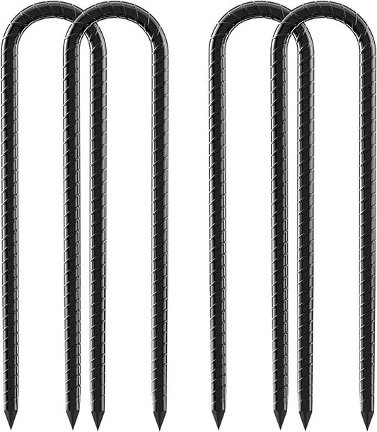 12inch Rebar Stakes, 4 Pack U Hook Ground Anchors, Heavy Duty Rust Proof Coated Steel Ground Stakes Ground Anchors, Garden Stake Metal Stakes Tent Stakes Trampoline Anchors Trampoline (Black)