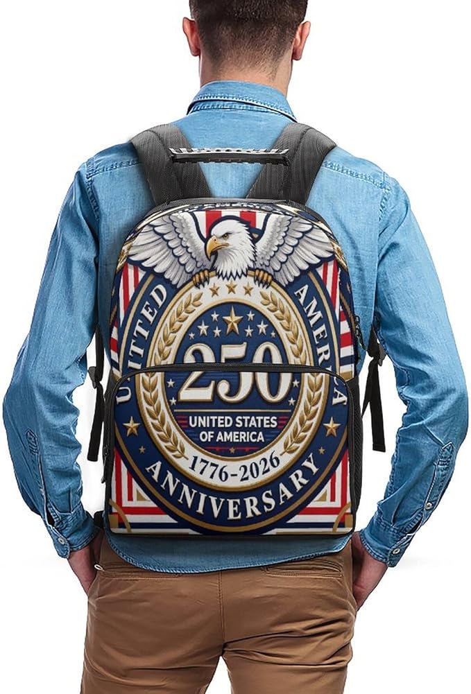 Women Men Polyester 250th Anniversary 1776-2026 Patriotic Eagle Art Casual Daypack Large Capacity Bookbag With Side Pockets for Sports Picnic Walking Cycling