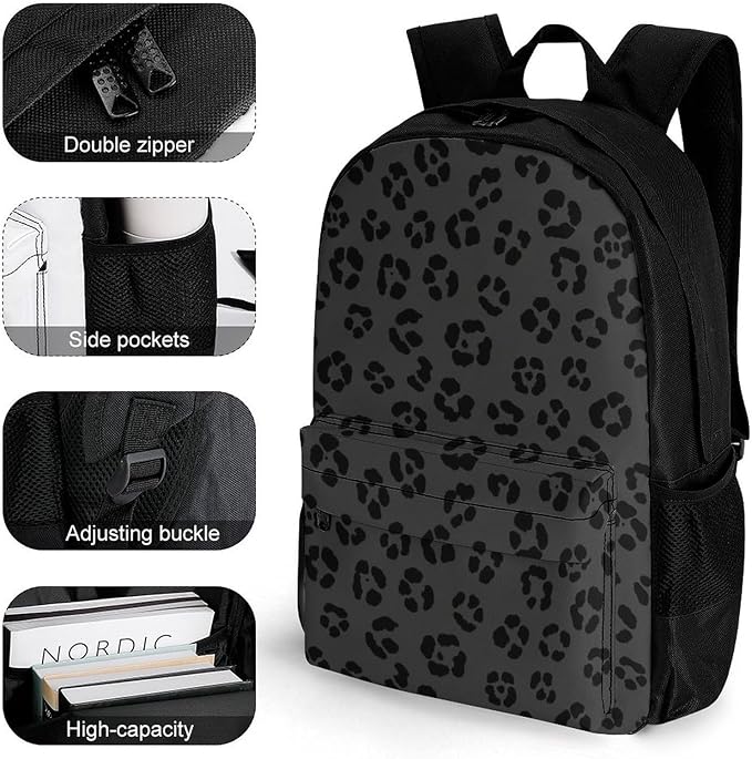 Lightweight Daypack Backpack for Sports Travel Running, Large Capacity Multipurpose Anti-Theft Bookbag, Dark Gray Black Leopard Cheetah Print Laptop Backpack Daypack