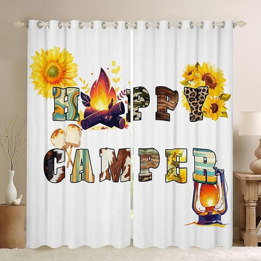 Erosebridal Happy Camping Window Drapes Animal Fur Print Camouflage Blackout Curtains 52"Wx63"L Country Campfire Flowers Curtains for Bedroom Living Room,Woodland Farmhouse Window Treatments 2 Panels