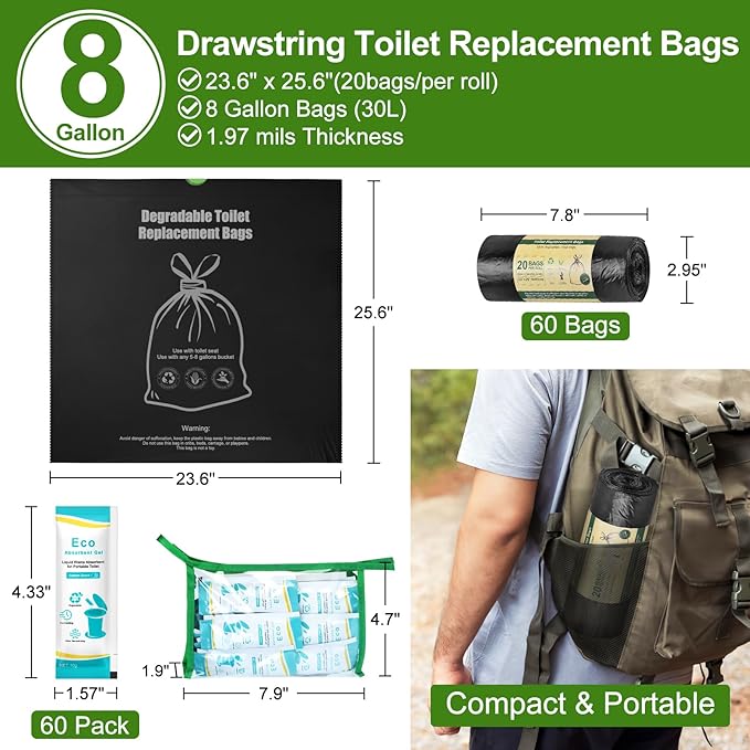 BLIKA Camping Toilet Bags Eco Absorbent Gel Set, Drawstring Portable Toilet Bags with Gel, 8 Gallon (30L) Heavy Duty 1.97 Mil, Toilet Replacement Bag with Toilet Powder for Camping Outdoor Hiking